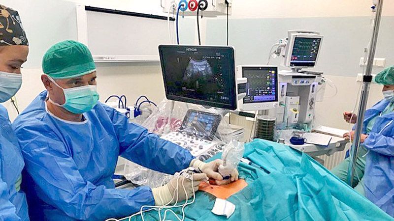 dr n. med. Tomasz Sędziak w trakcie przeprowadzania zabiegu nieodwracalnej elektroporacji IRE metodą NanoKnife u pacjentki z nowotworem złośliwym trzustki
